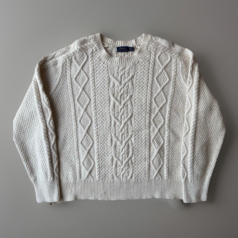 Polo Ralph Lauren Cable Knit Sweater Women's XL Cream Cotton Pullover Minimalist